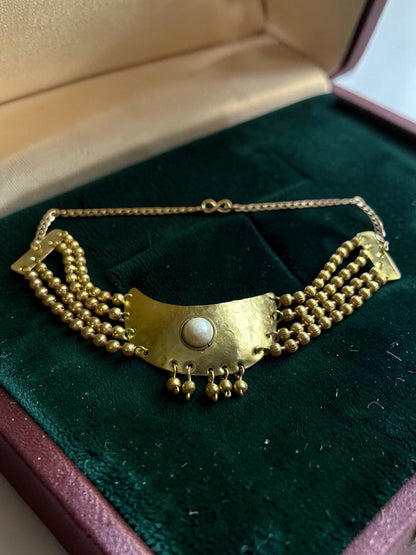 Prathama Chandni Moon Pearl Brass Choker Necklace Jewelry Set (Necklace, Earrings, Ring)