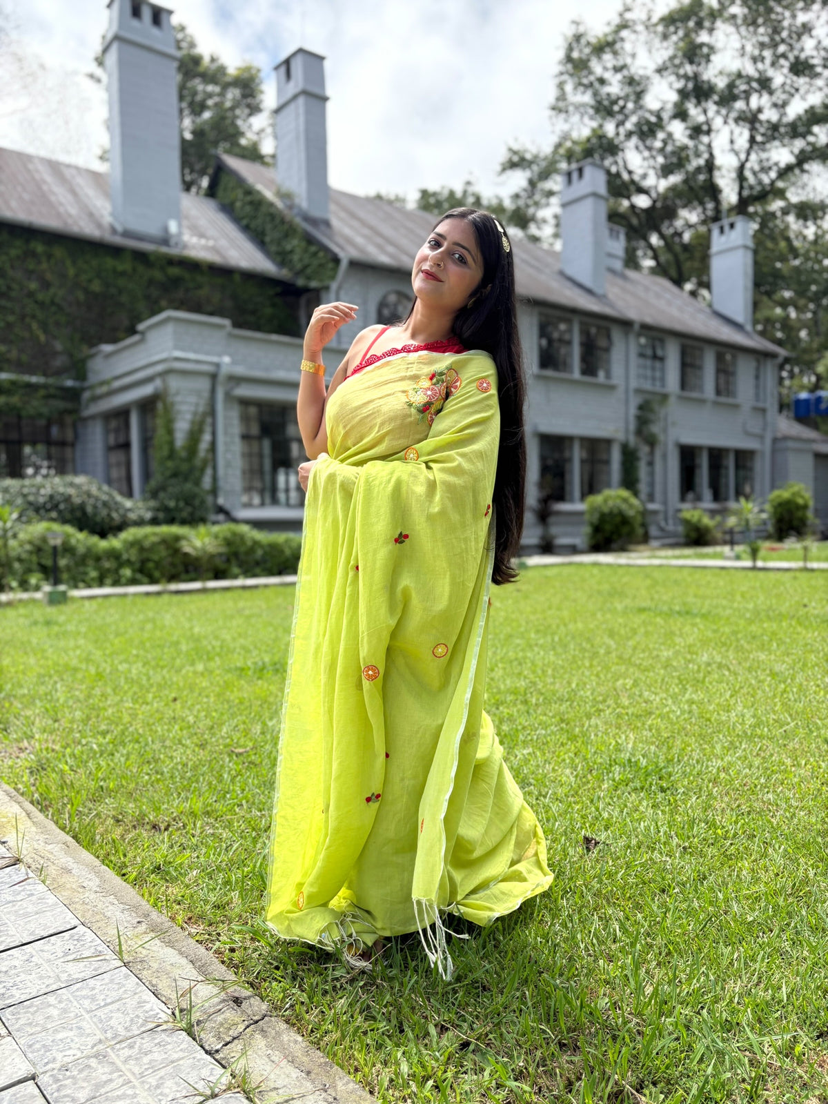 Lemons Green Hand-Embroidered Cotton Saree