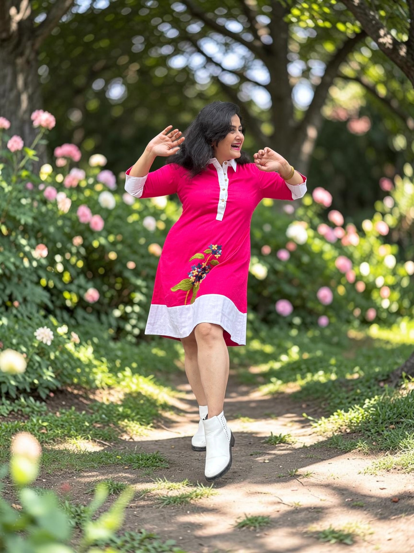 Sarang Antifit Sleeves Embroidered Cotton A-line Dress - Pink