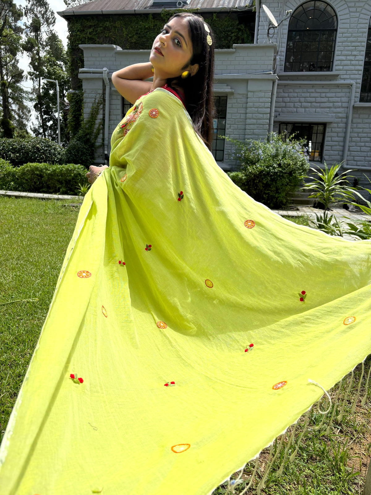 Lemons Green Hand-Embroidered Cotton Saree
