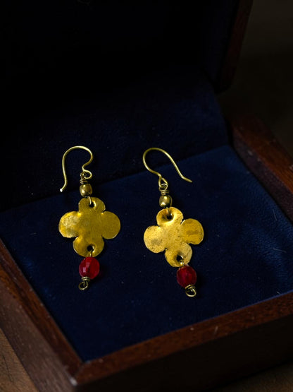 Red Dot Small Flower Brass Dangler Earrings