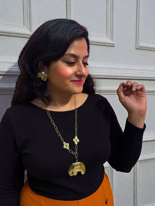 Baby Elephant Brass Pendant Chain Necklace Jewelry Set