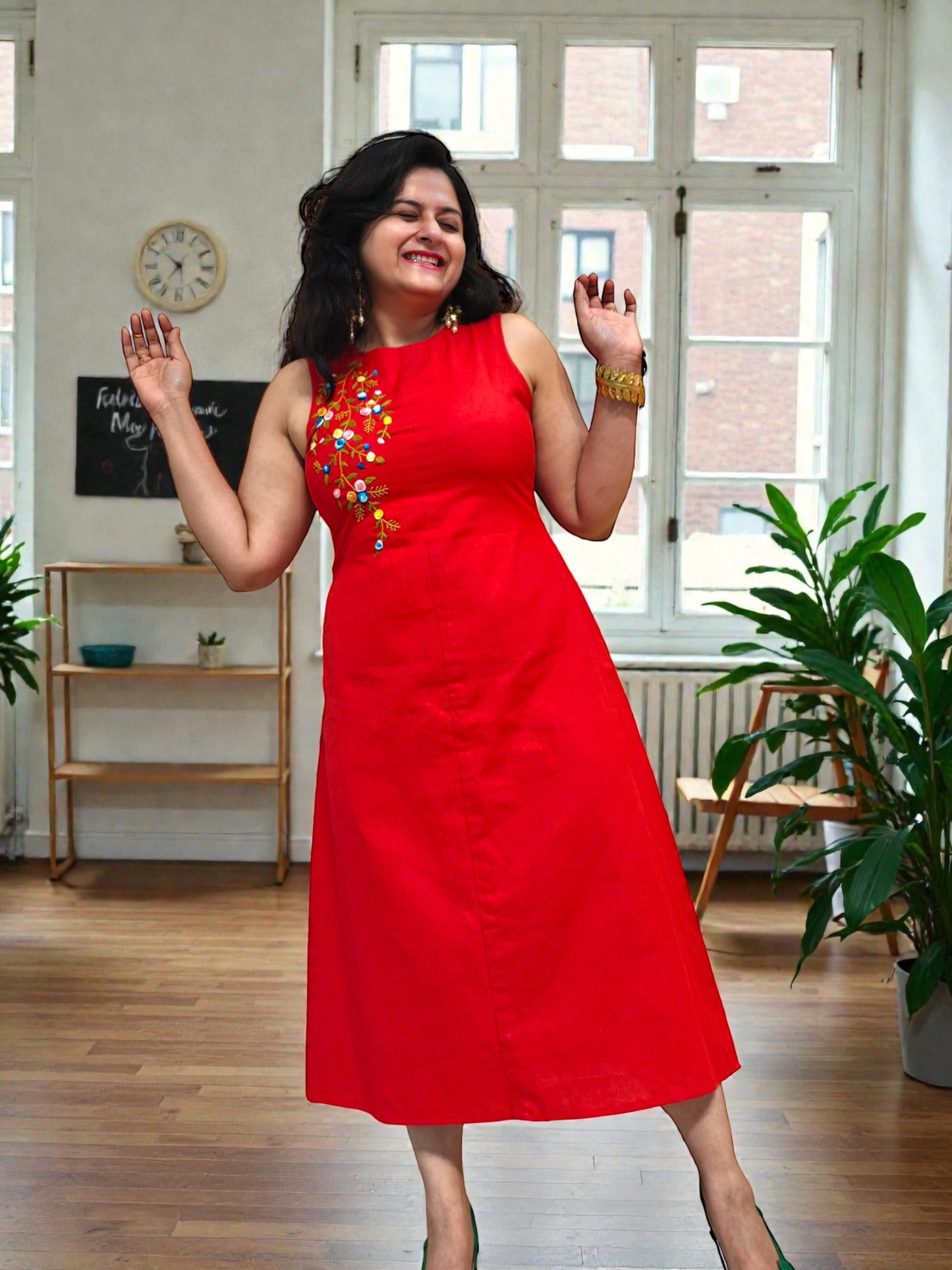 Ishani Hand-Embroidered Cotton Midi Dress - Red