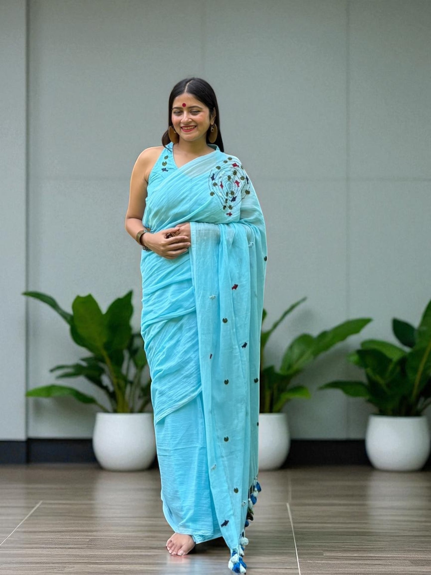Water Hand-Embroidered Cotton Saree - Blue