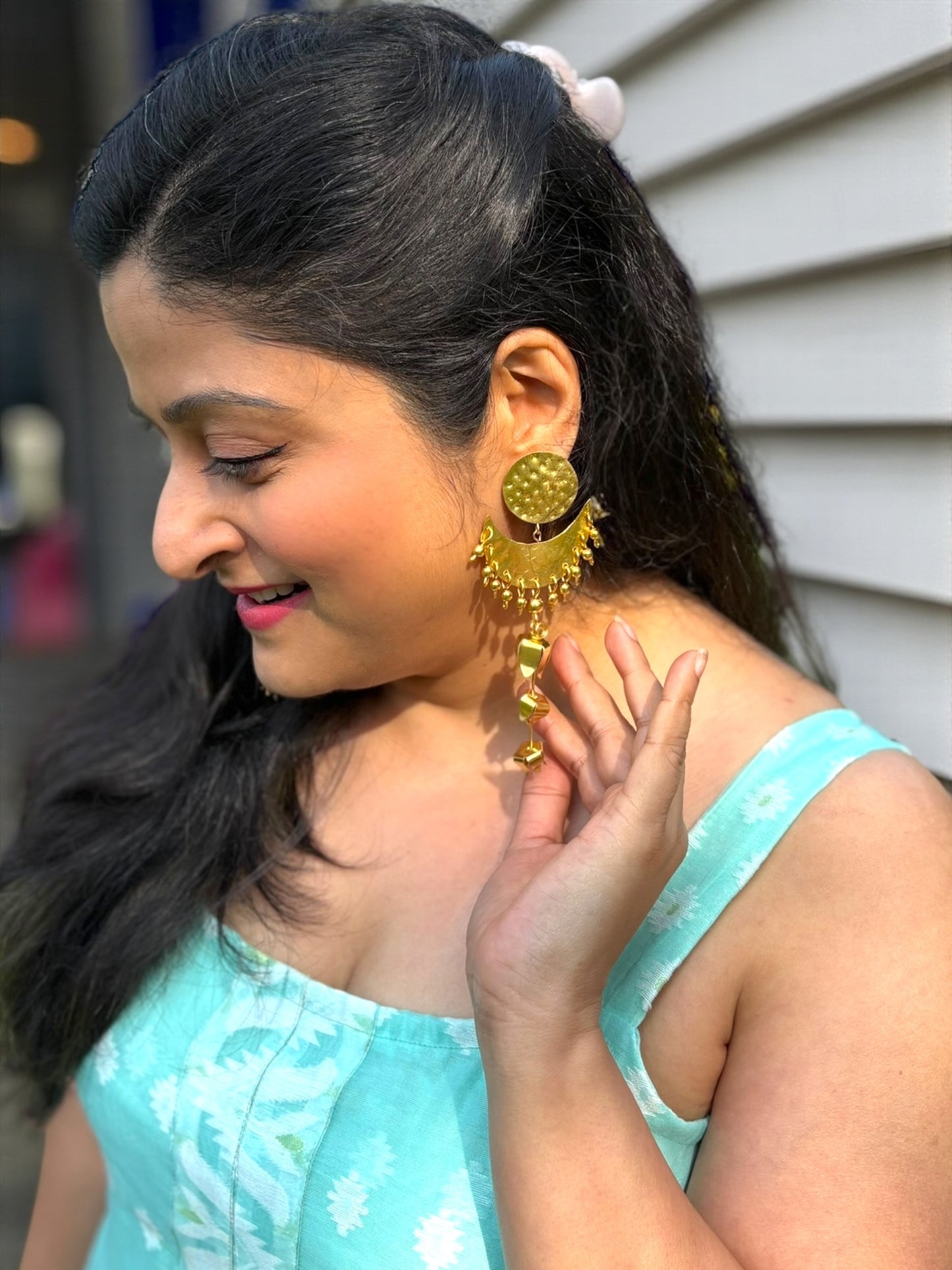 Moon Flower Brass Statement Dangler Earrings