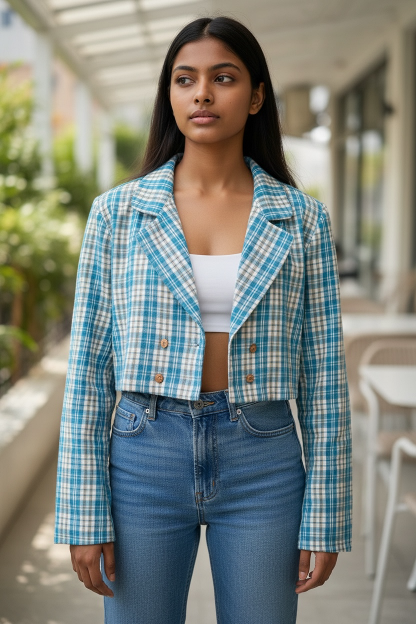 Bella Gamchha Cotton Cropped Jacket - Blue