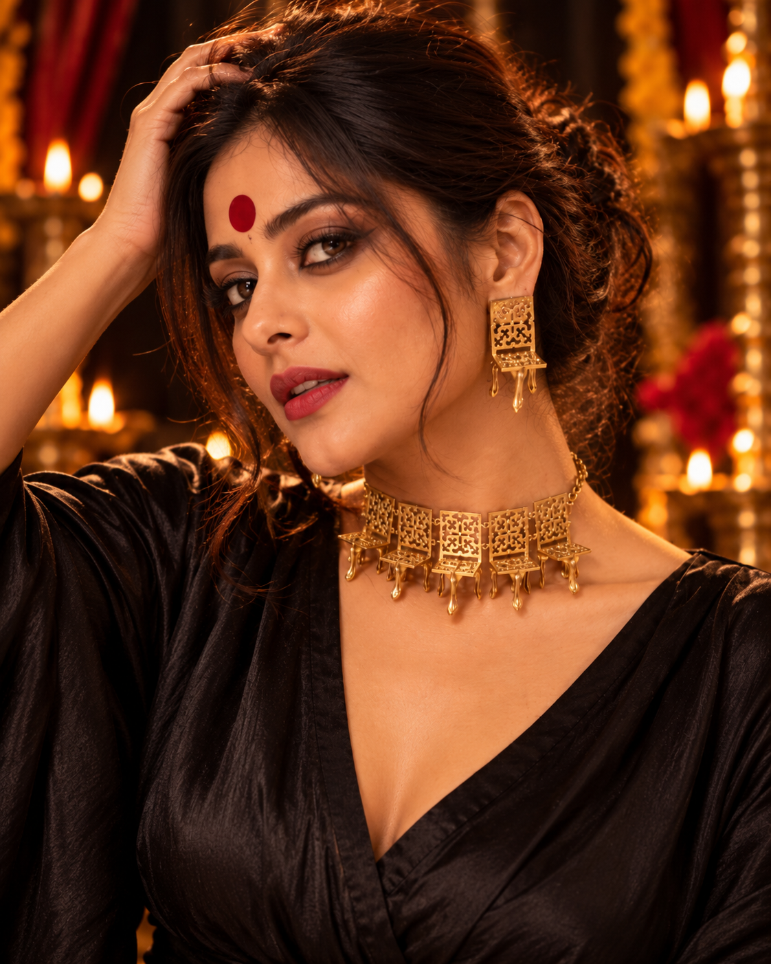Maharani's Court Premium Sculptural Brass Necklace Jewelry Set (Necklace, Earrings)