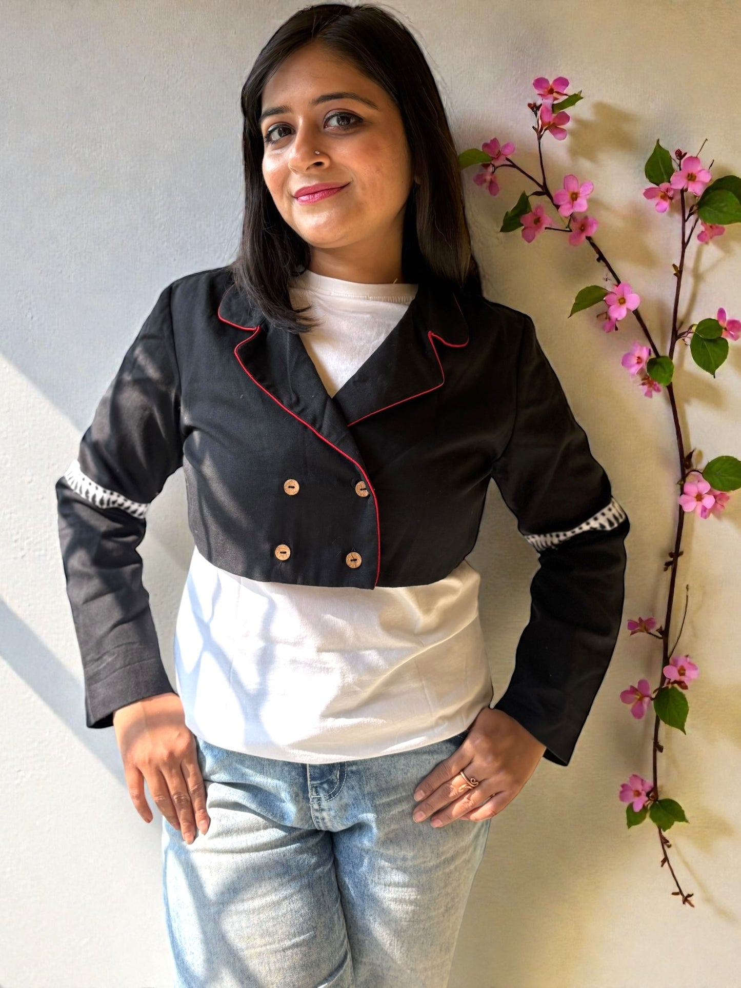 Donna Kanthastitch Cotton Cropped Jacket - Black