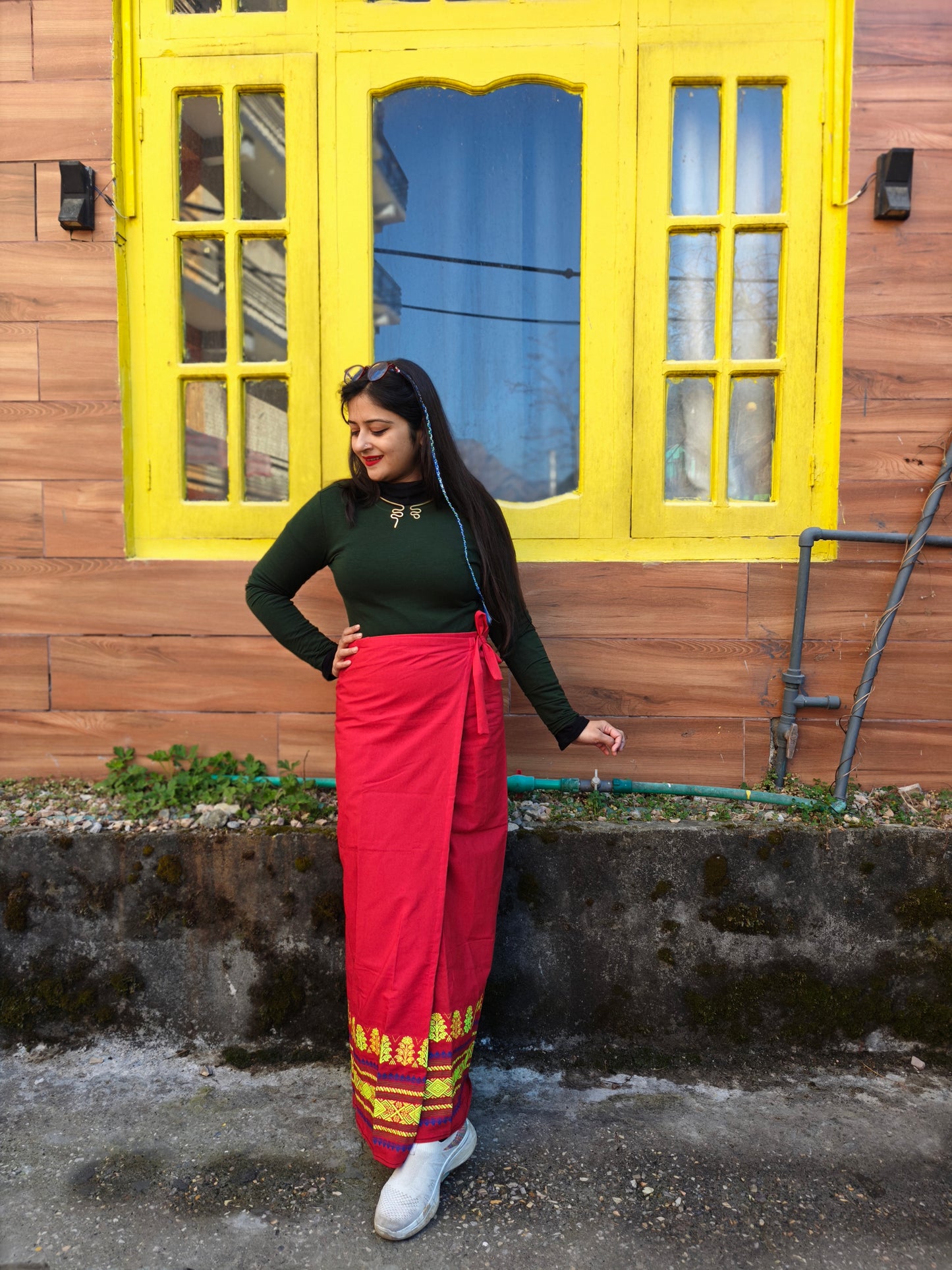 Naobi Assamese Cotton Wrap Skirt - Red