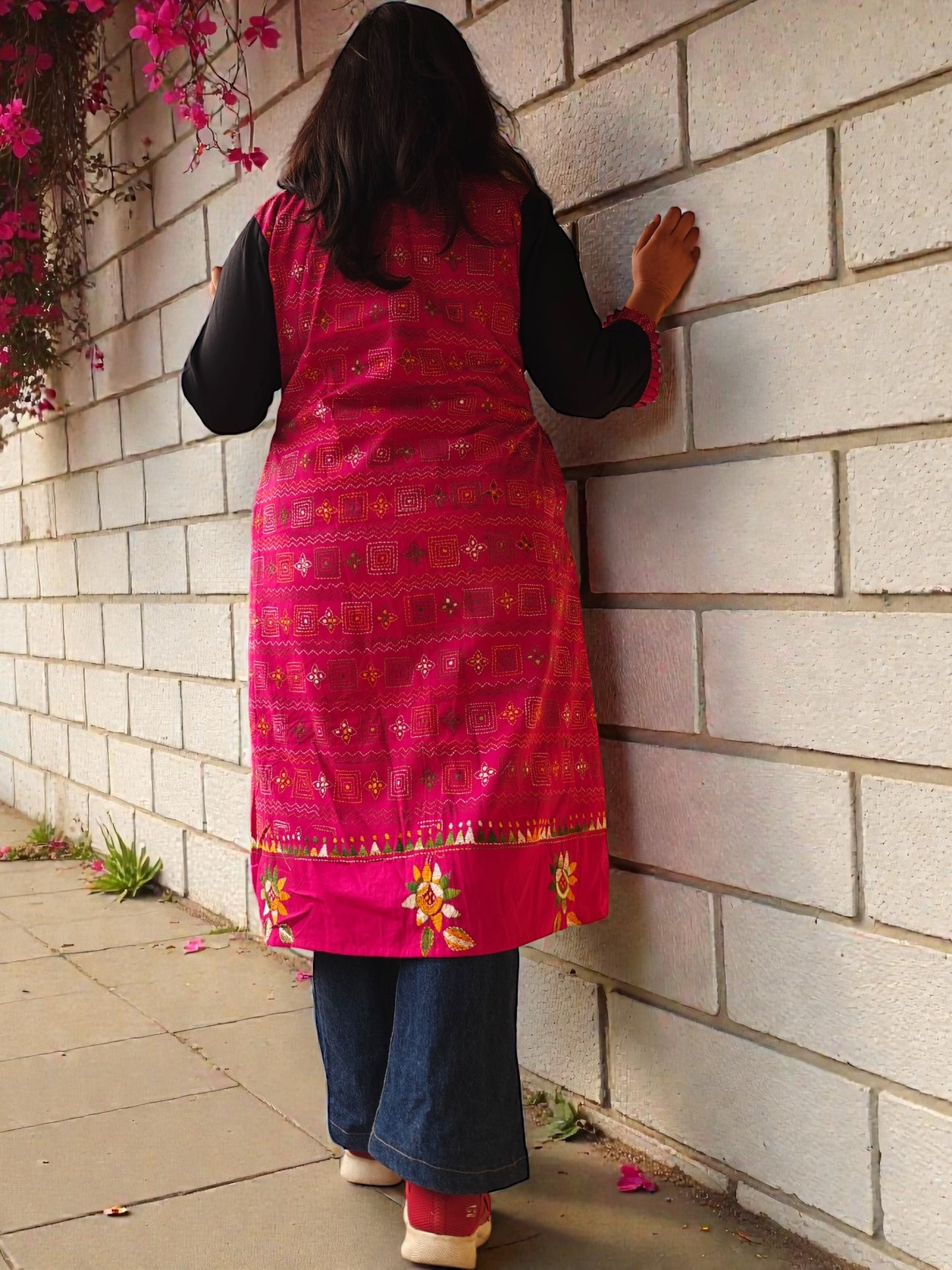 Malini Kanthastitch Cotton Long Jacket - Deep Pink