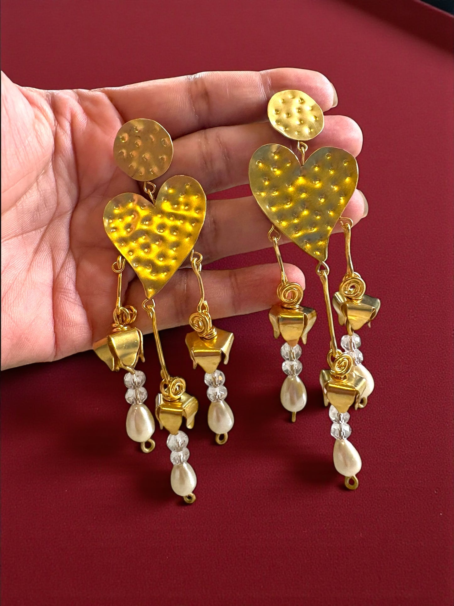 Heart Flower Brass Statement Dangler Earrings
