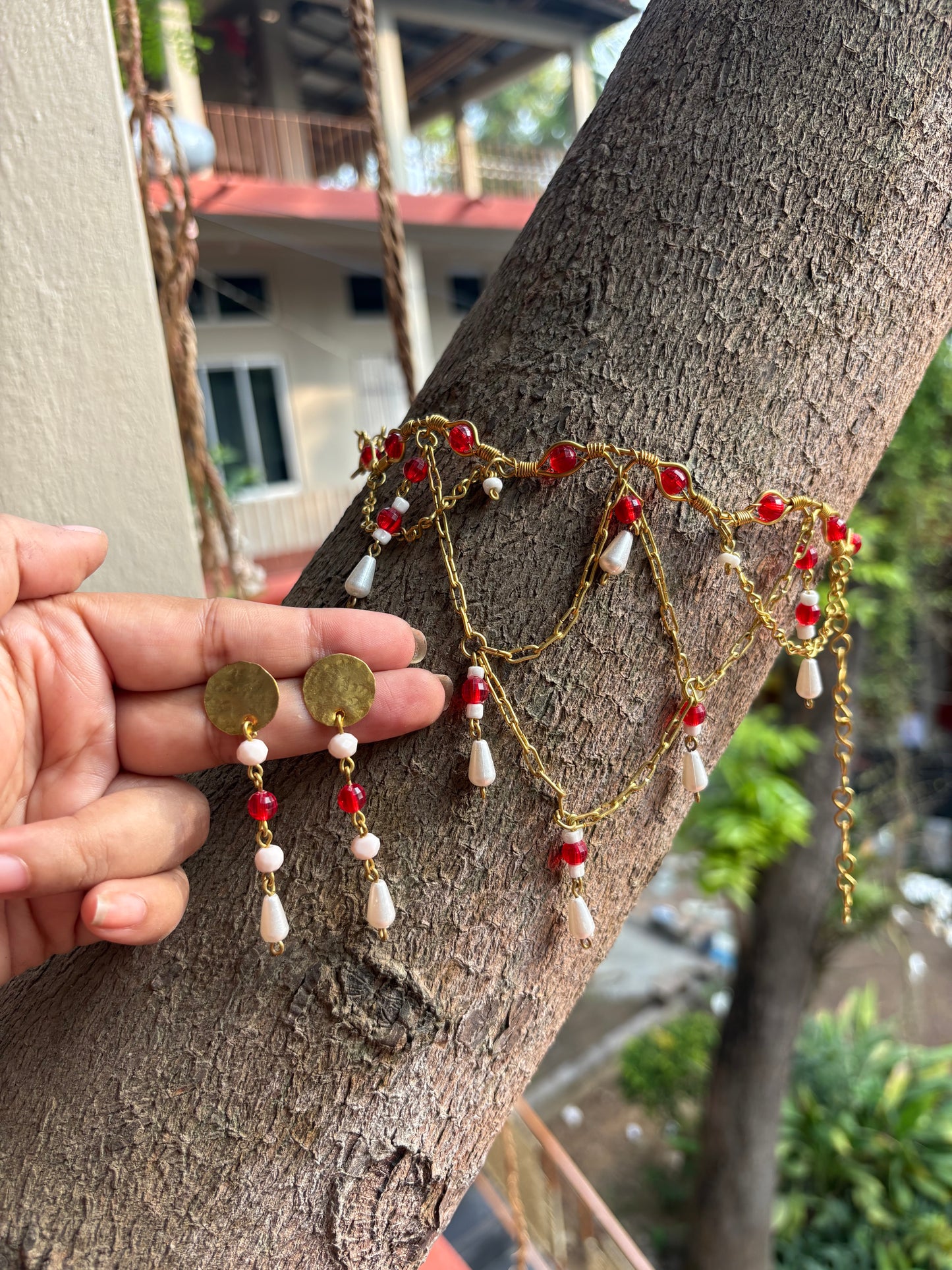 Queen Charlotte Beaded Chain Layered Brass Necklace Jewelry Set (Necklace + Earrings) - Red