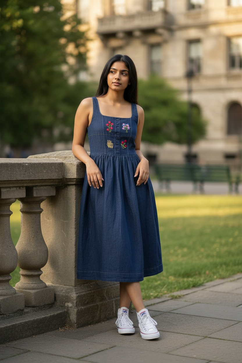 Fiore Hand-Embroidered Strappy Denim Dress - Blue