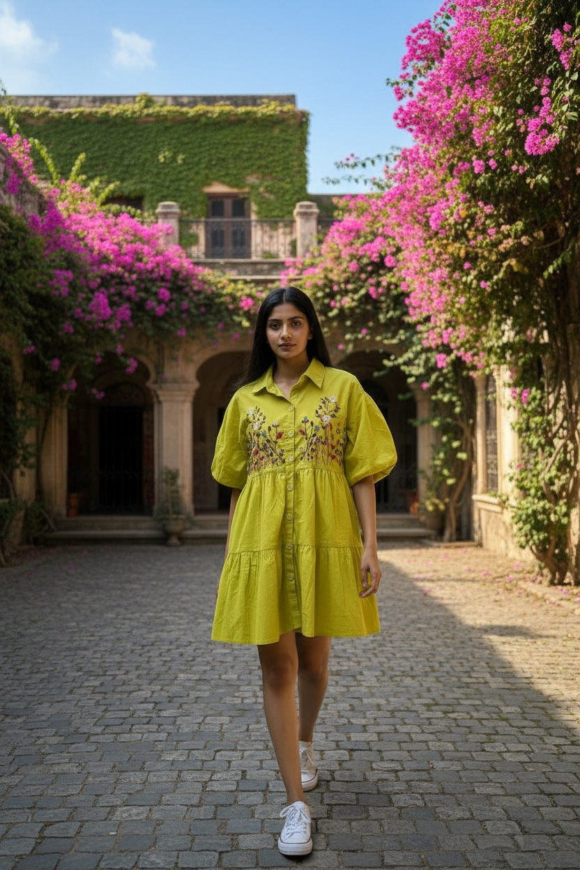 Bloom Hand-Embroidered Cotton Shirt Dress - Yellow