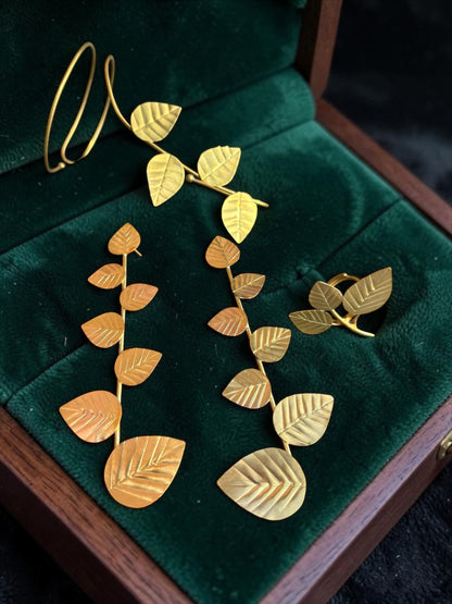 Leafy Affair Brass Dangler Earrings Jewelry Set (Earrings, Bracelet, Ring)