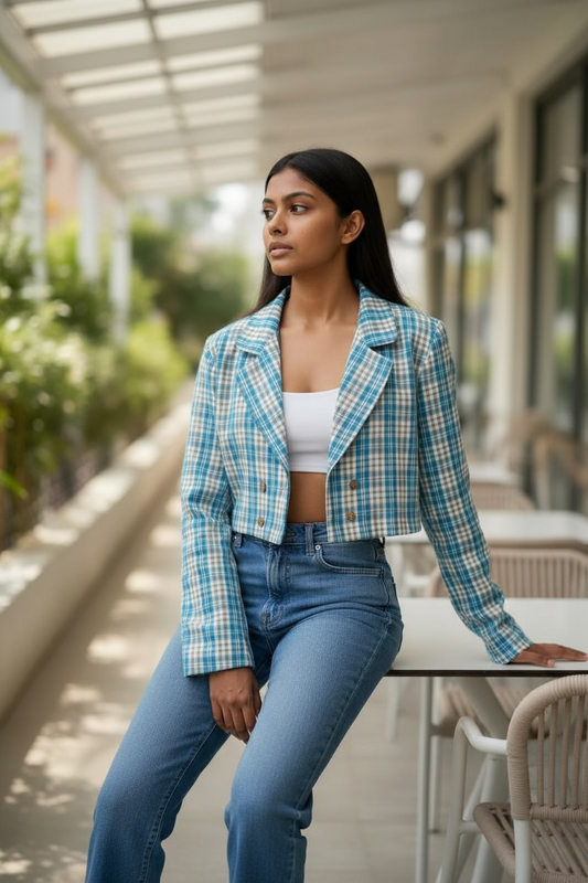 Bella Gamchha Cotton Cropped Jacket - Blue