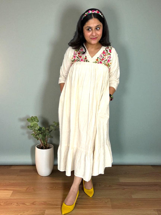 Disha Hand-Embroidered Cotton Midi Dress - Off White