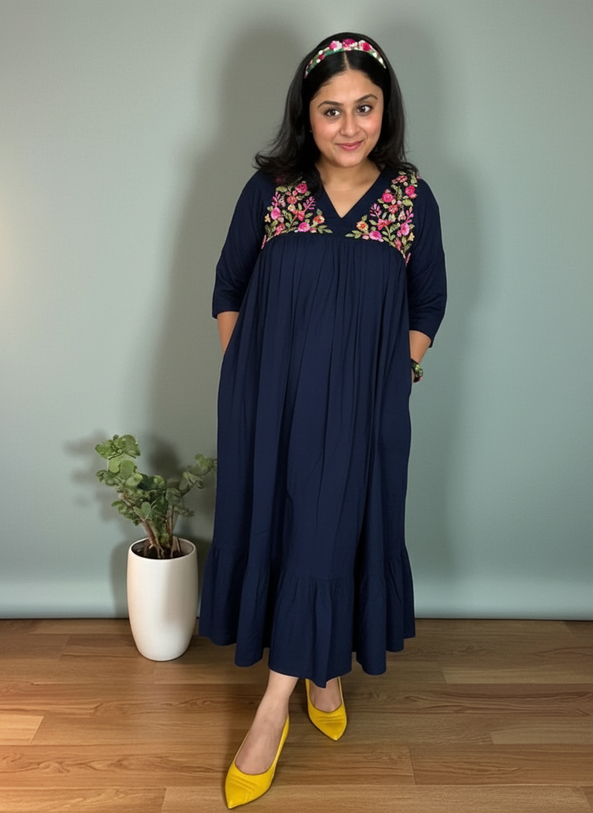 Disha Hand-Embroidered Cotton Midi Dress - Navy Blue