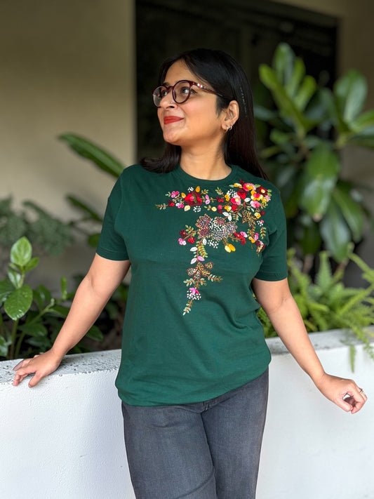 Hana Embroidered T-shirt Top - Green Shoulder