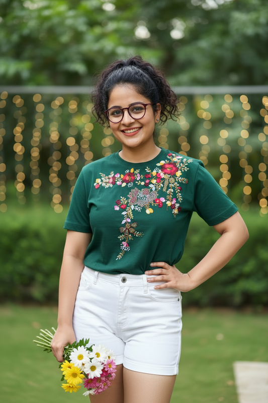 Hana Embroidered T-shirt Top - Green Shoulder