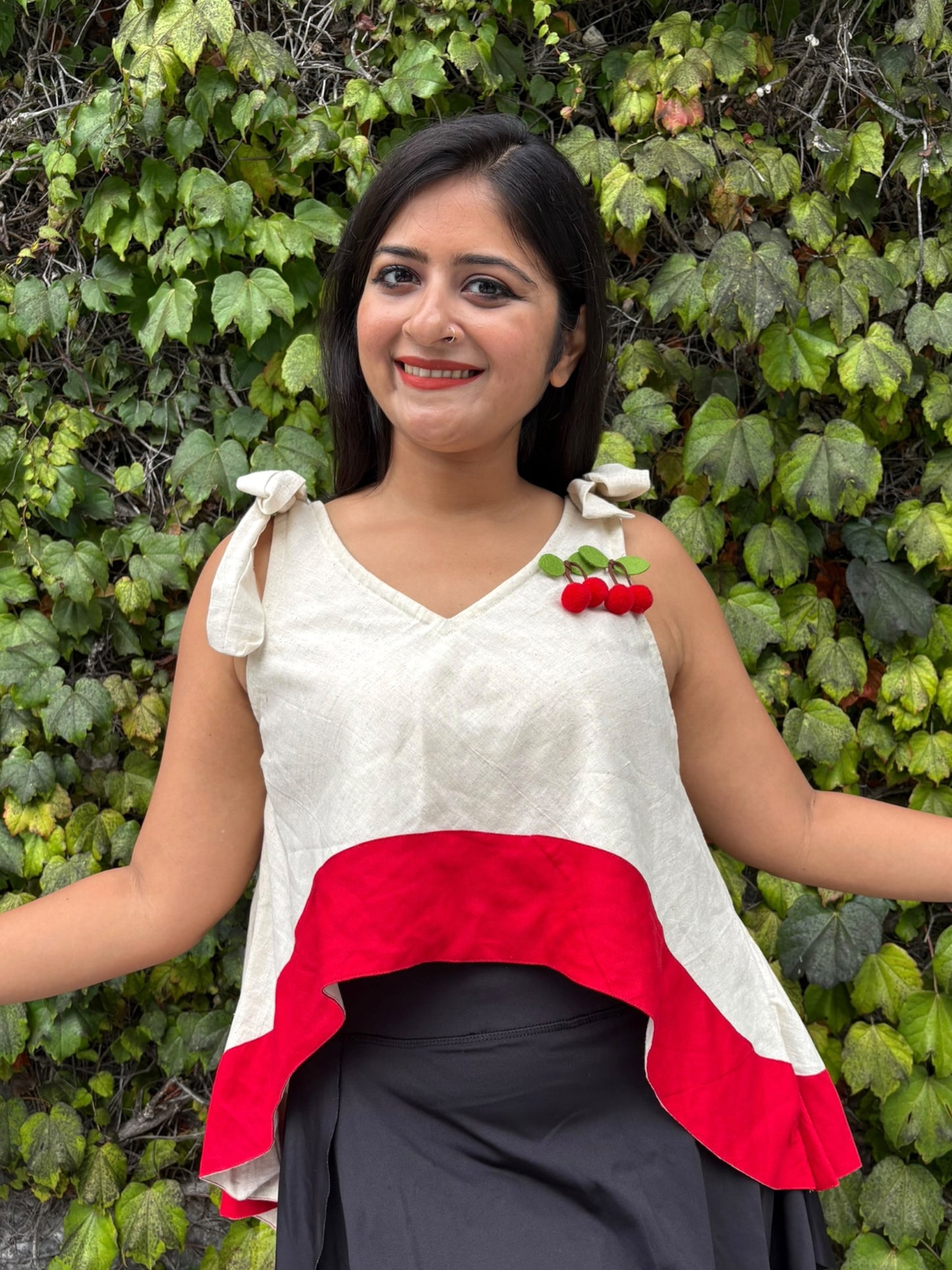 Cherry Tie-Up Asymmetric Cotton Top