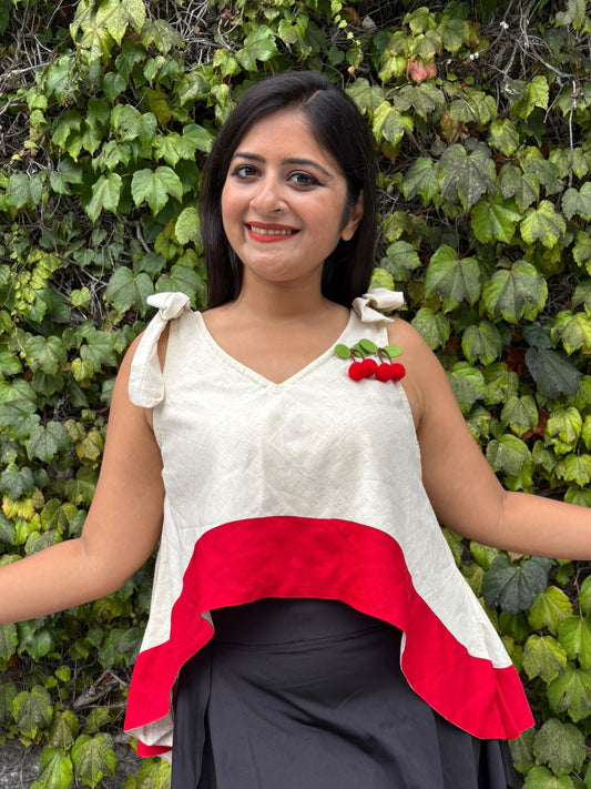 Cherry Tie-Up Asymmetric Cotton Top