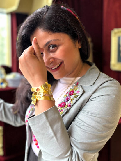 Triple Flower Cuff Brass Bracelet