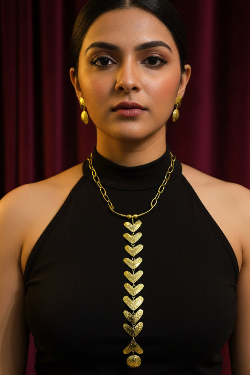 Follow the Trail Brass Long Tie Chain Pendant Necklace Set (Necklace, Earrings)