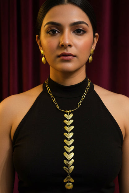 Follow the Trail Brass Long Tie Chain Pendant Necklace Jewelry Set (Necklace, Earrings)