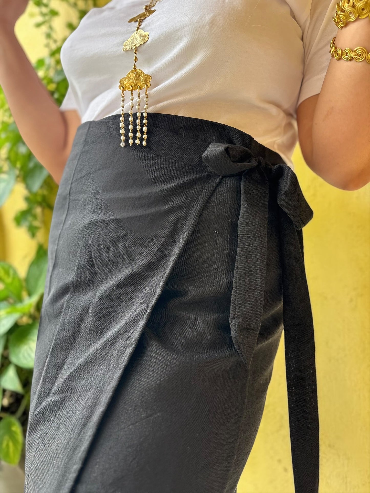 Naobi Assamese Cotton Wrap Skirt - Black