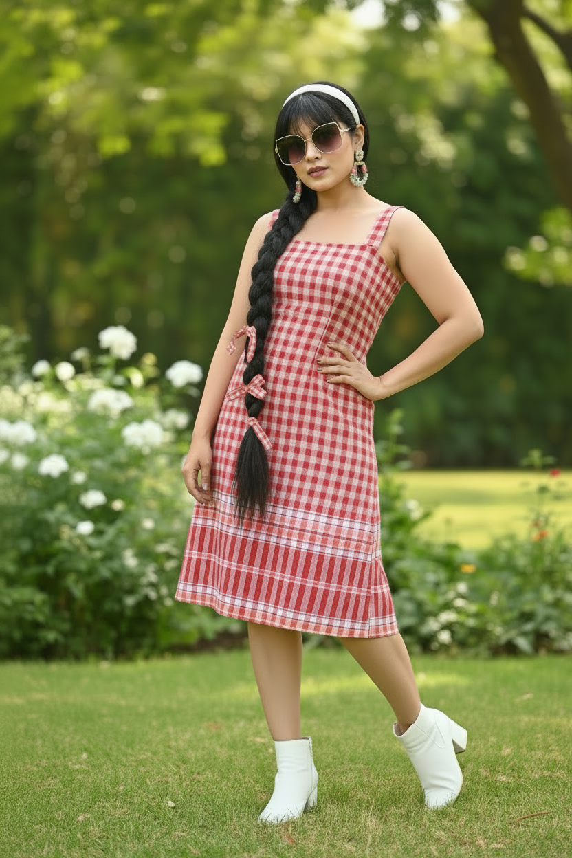 Sawariyaa Gamchha Cotton Sheath Dress - Red