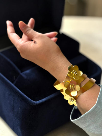 Triple Flower Cuff Brass Bracelet