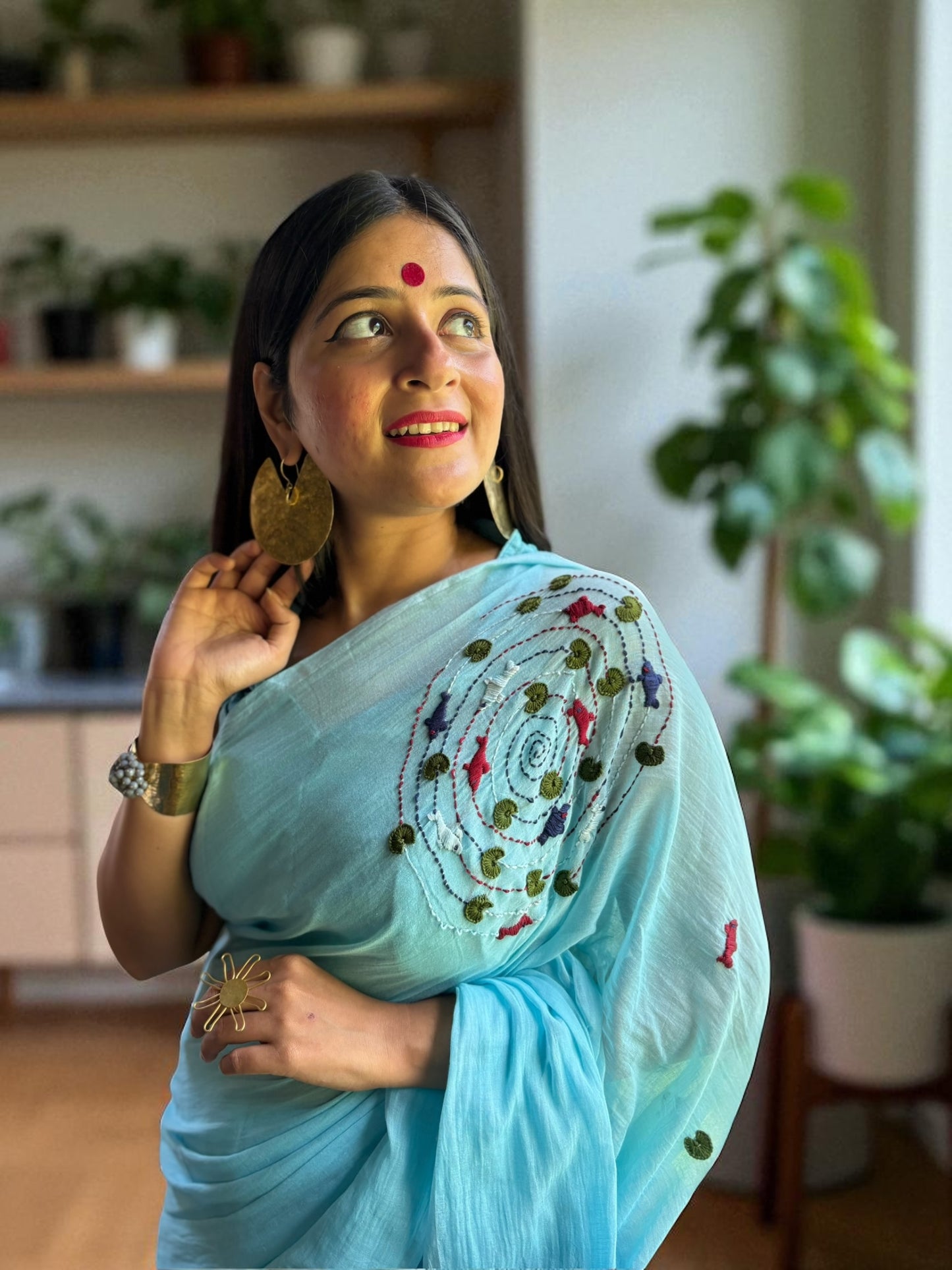 Water Hand-Embroidered Cotton Saree - Blue
