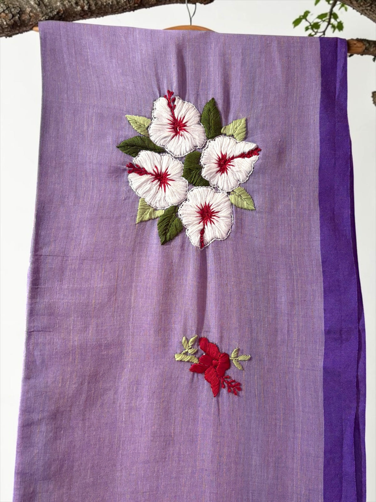 White Joba Hand-Embroidered Cotton Saree - Purple