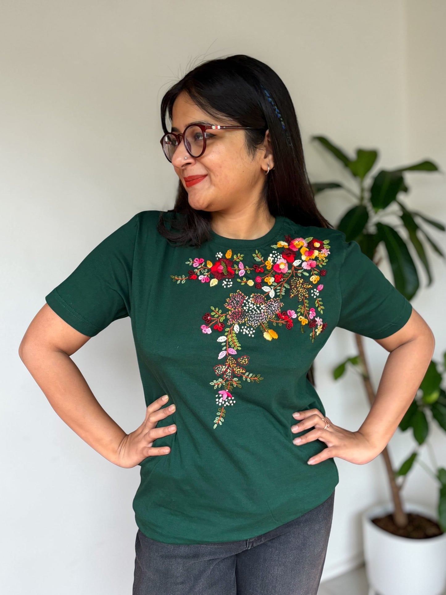 Hana Embroidered T-shirt Top - Green Shoulder