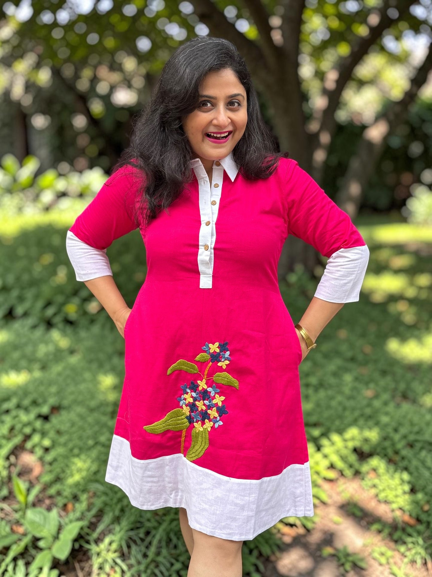 Sarang Antifit Sleeves Embroidered Cotton A-line Dress - Pink