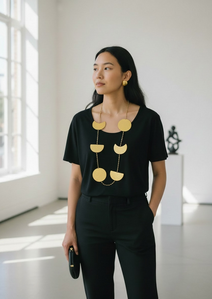Phases of the Moon Brass Statement Necklace Jewelry Set (Necklace, Earrings)