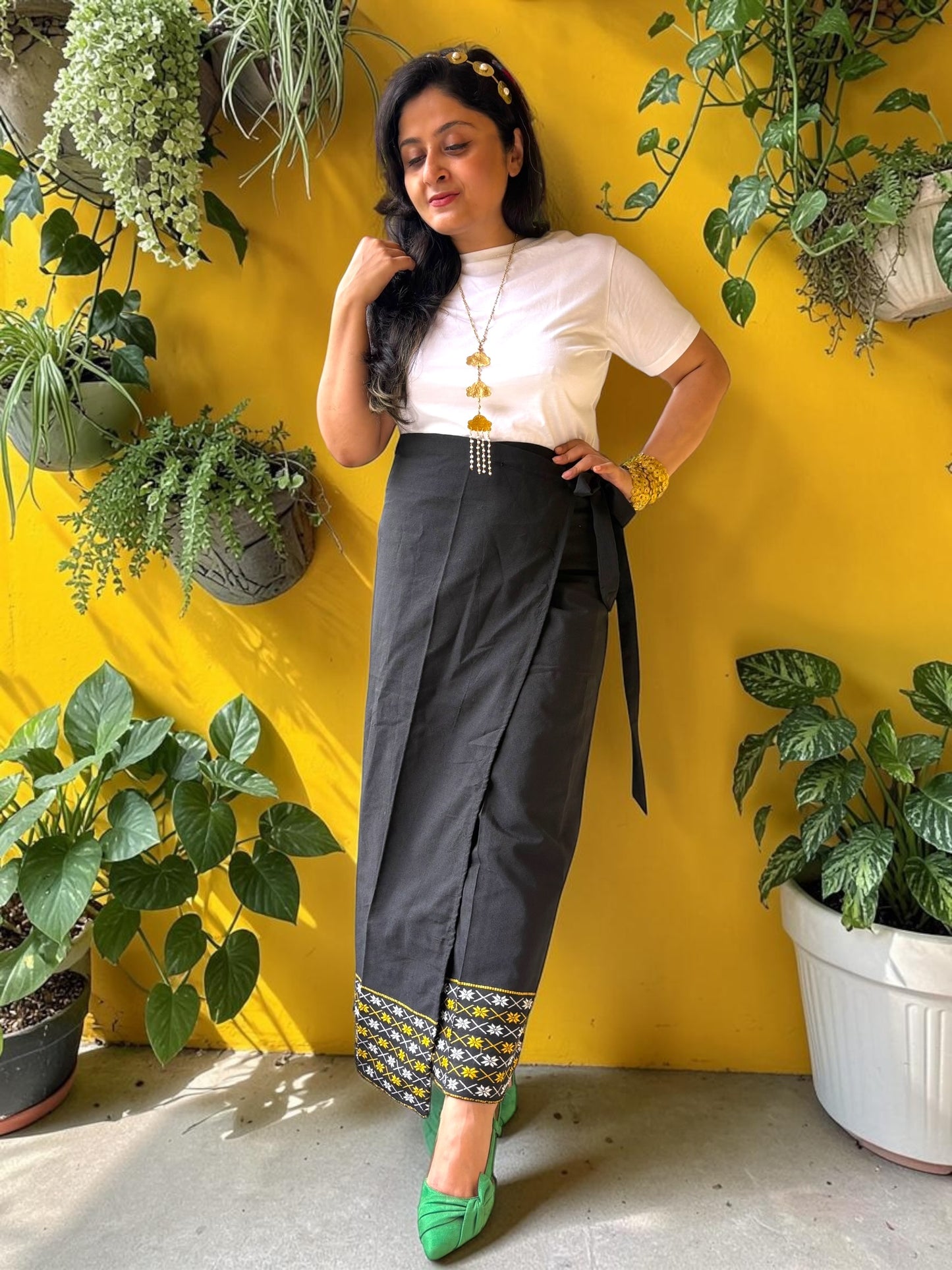 Naobi Assamese Cotton Wrap Skirt - Black