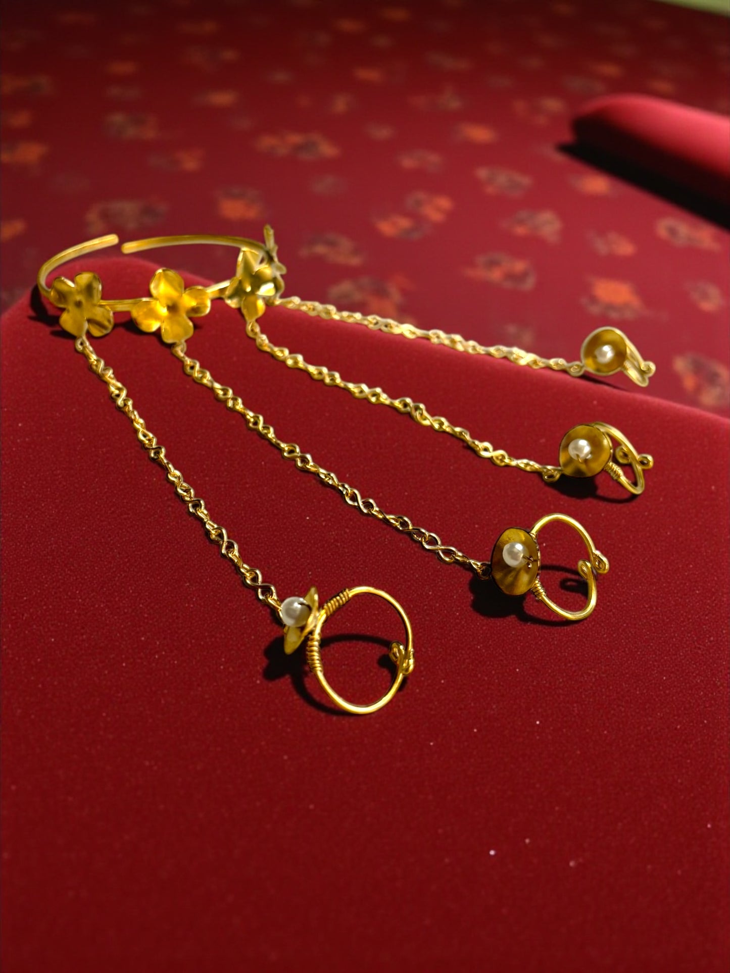 Ghungru Flower Brass Multi-Ring Hand Harness Bracelet