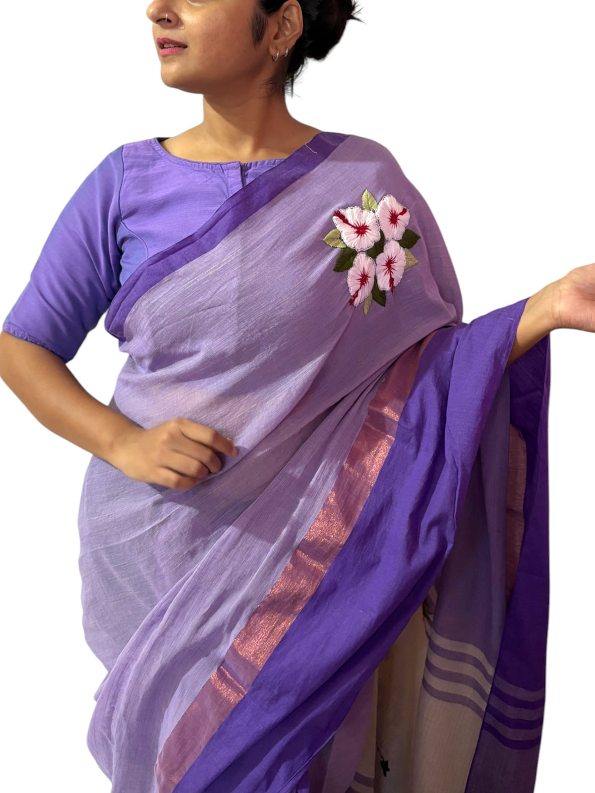 White Joba Hand-Embroidered Cotton Saree - Purple