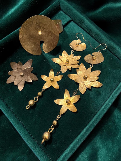 Lily Pond Leaf Brass Dangler Earrings Jewelry Set (Earrings, Bracelet, Ring)