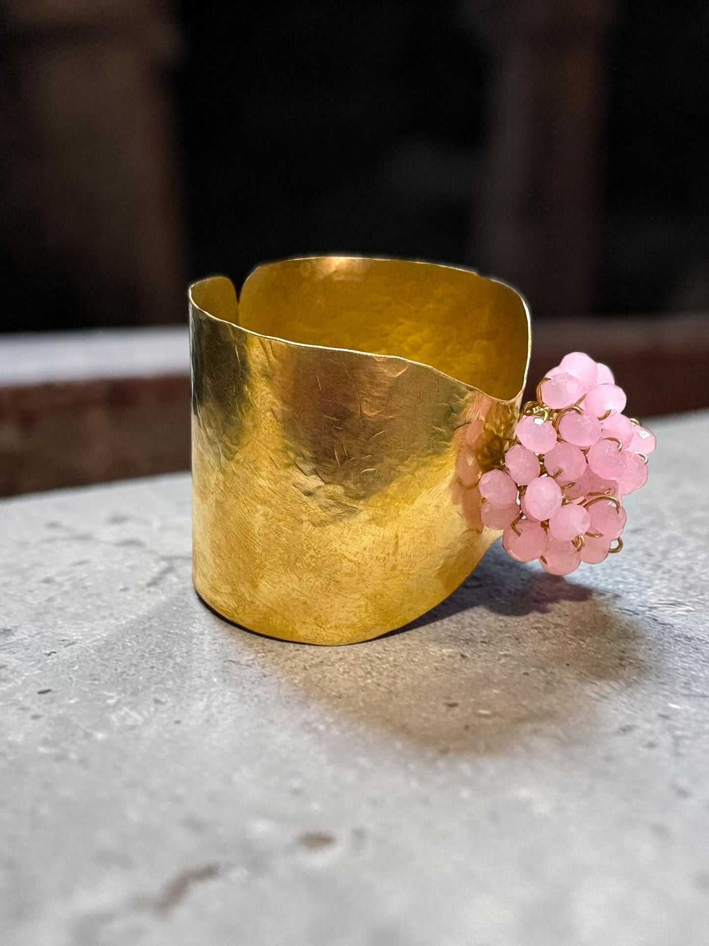 Flower Bouquet Cuff Crystal and Brass Bracelet - Light Pink