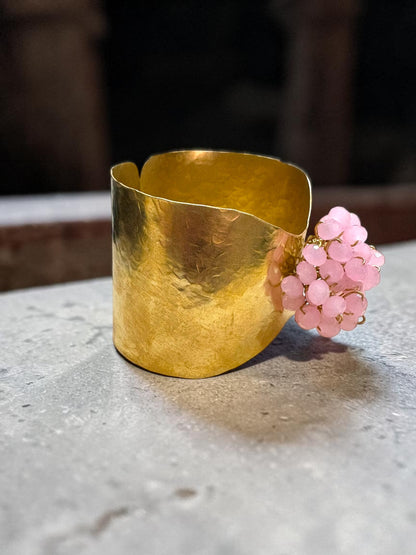 Flower Bouquet Cuff Crystal and Brass Bracelet - Light Pink