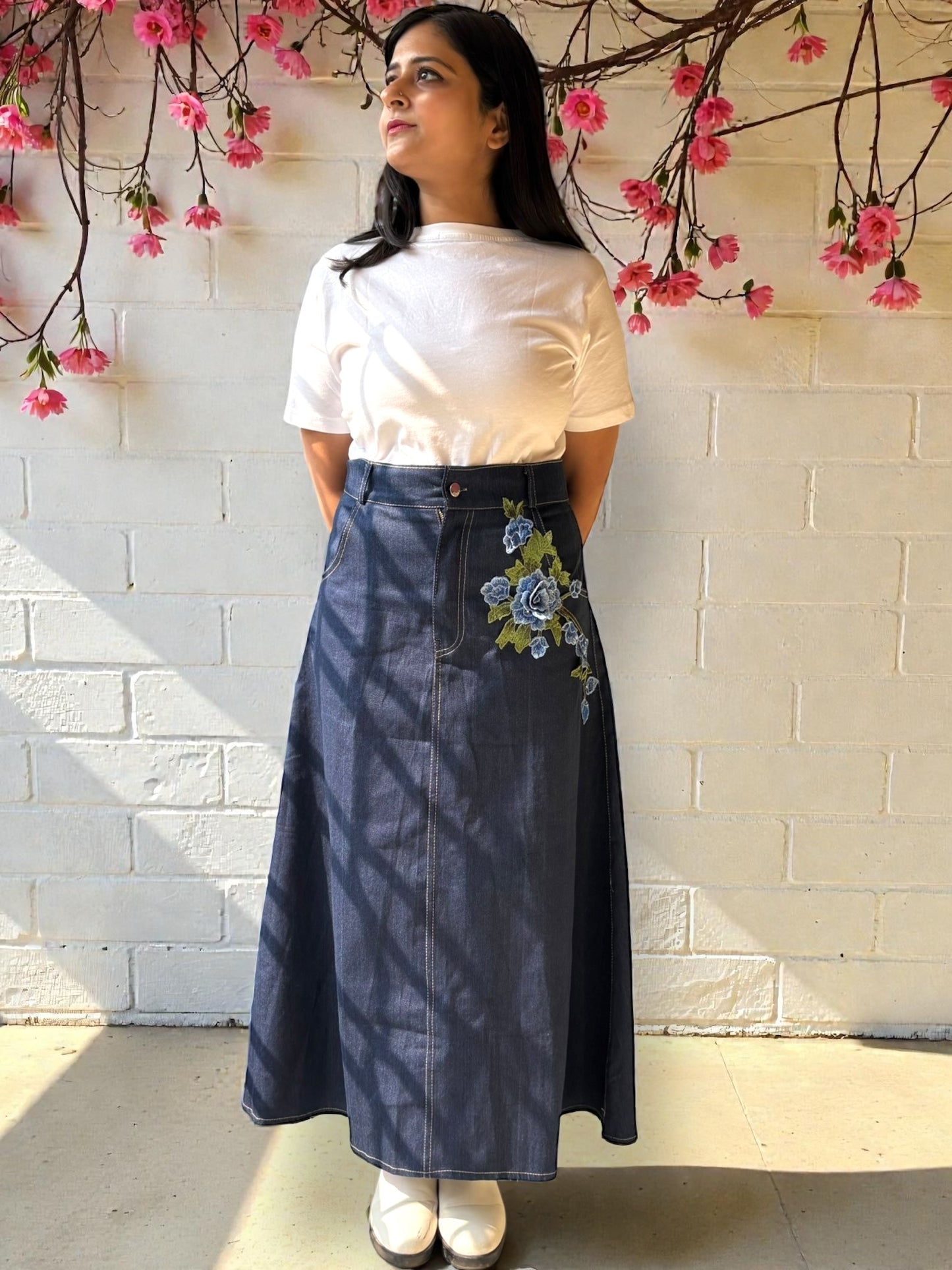 Eve Embroidered Applique Denim Long Skirt - Blue