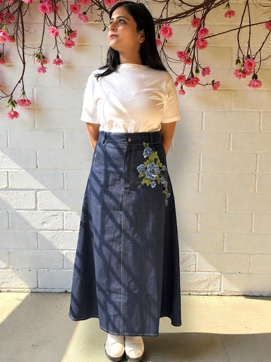 Eve Embroidered Applique Denim Long Skirt - Blue