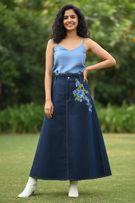 Eve Embroidered Applique Denim Long Skirt - Blue