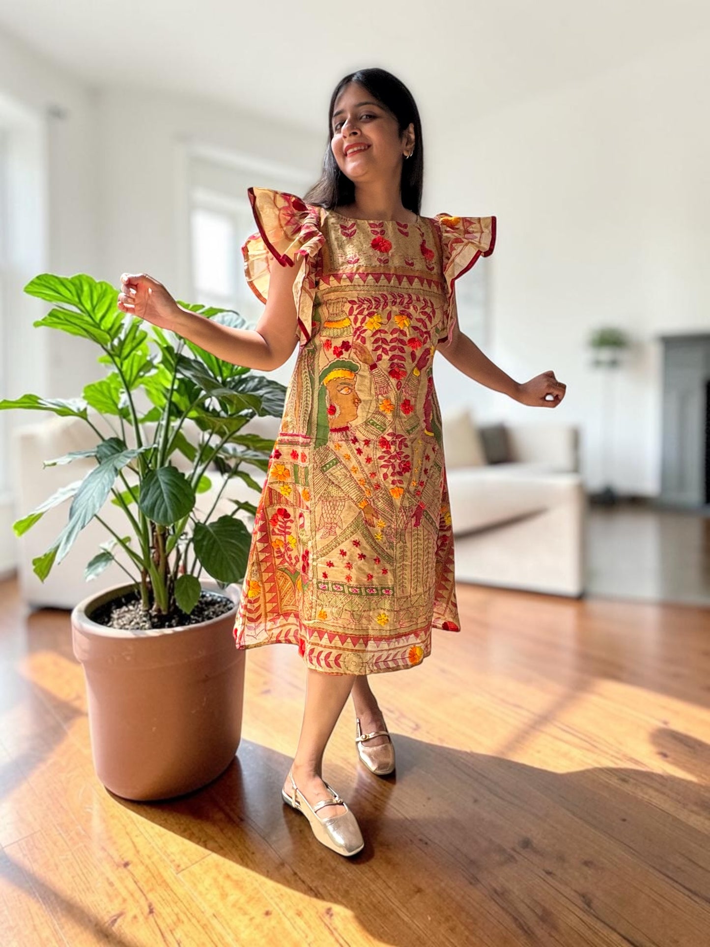 Butterfly Wings Embroidered Phulkari A-line Dress - Beige