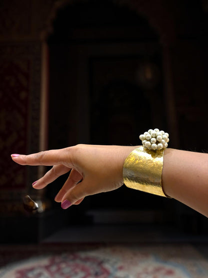 Flower Bouquet Cuff Crystal and Brass Bracelet - Pearl