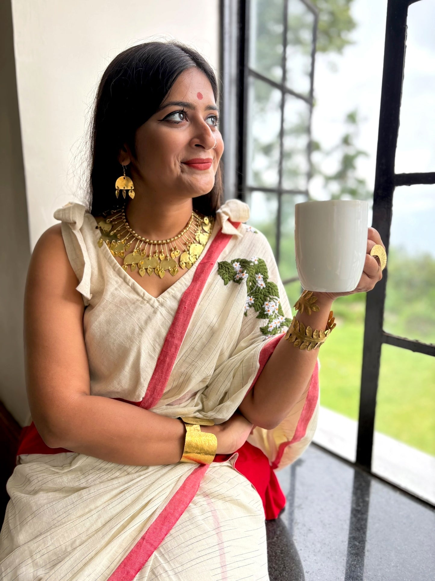 Shiuli Off-white & Red Hand-Embroidered Handloom Saree