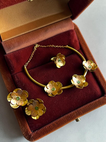 Fleurs Brass Hasli Necklace Jewelry Set (Ear Studs,Necklace,Ring) - Green